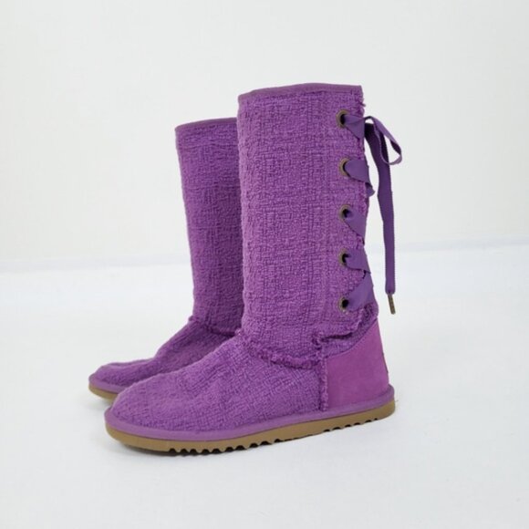 UGG Australia Heirloom Laceup Boots LaceUp Purple Woven Knit Ribbon Lilac - Picture 4 of 10